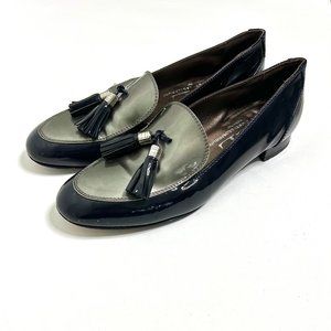 AGL Two-Tone Patent Leather Tassel Loafers in Navy Blue / Silver Pewter 7.5 & 8